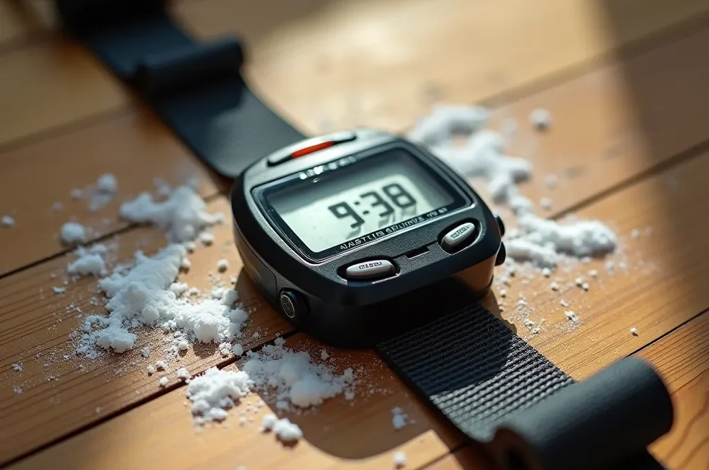 Nahaufnahme von Trainingsutensilien auf Holzboden mit Stoppuhr zeigt 40 Minuten