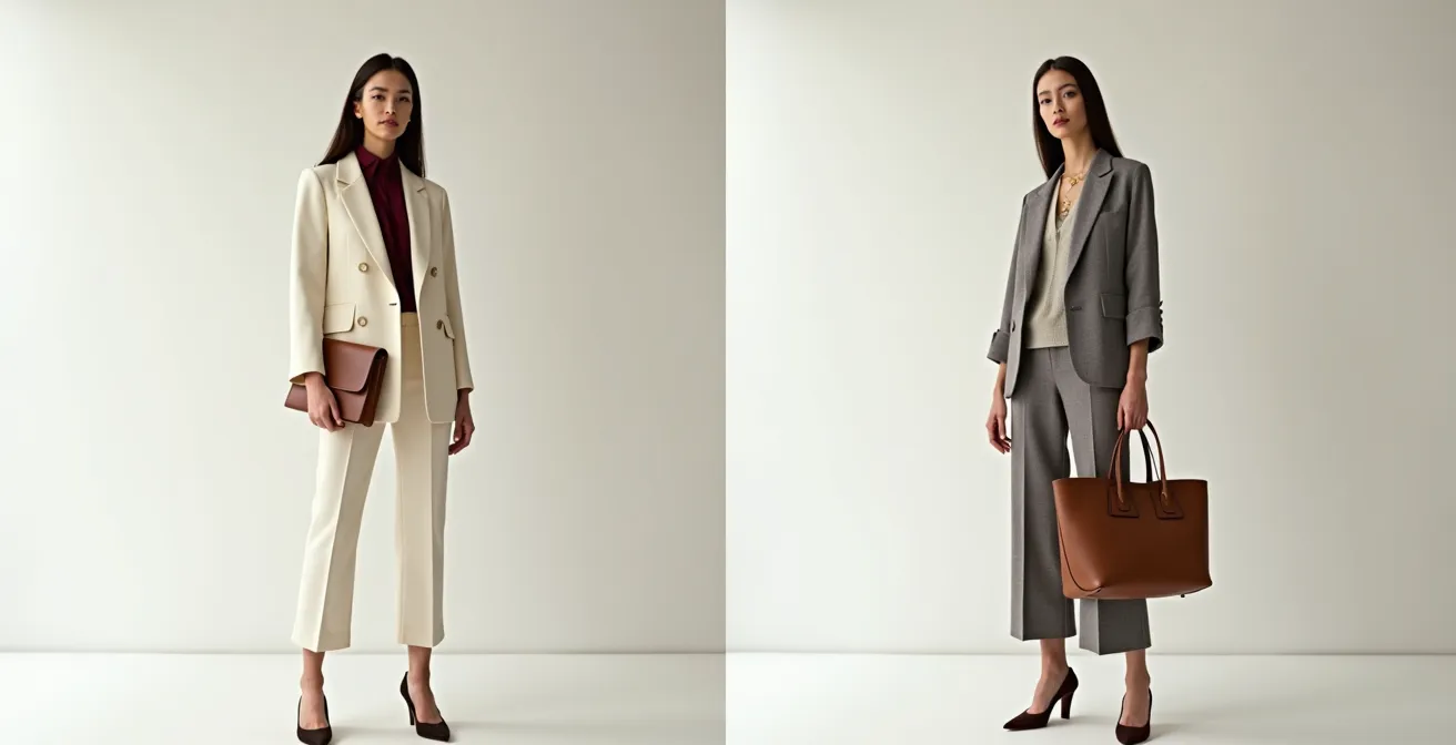 Visuelles Diagramm der 60-30-10-Farbverteilungsregel: Eine elegante Frau trägt ein gut proportioniertes Outfit, das die mathematische Regel demonstriert