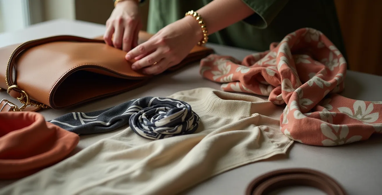 Drei Trend-Accessoires arrangiert mit zeitlosen Basics zeigen verschiedene Styling-Möglichkeiten