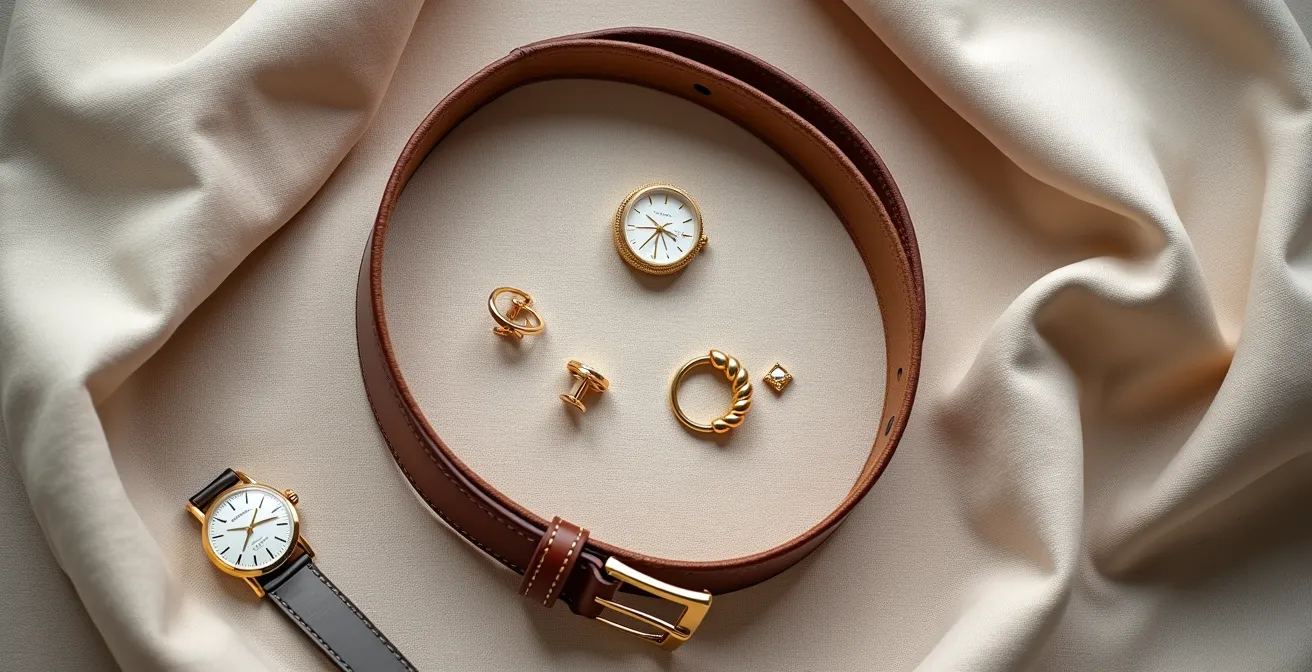 Elegante Flat-Lay Komposition mit zeitlosen Accessoires, die subtile Details und hochwertige Materialien zeigt