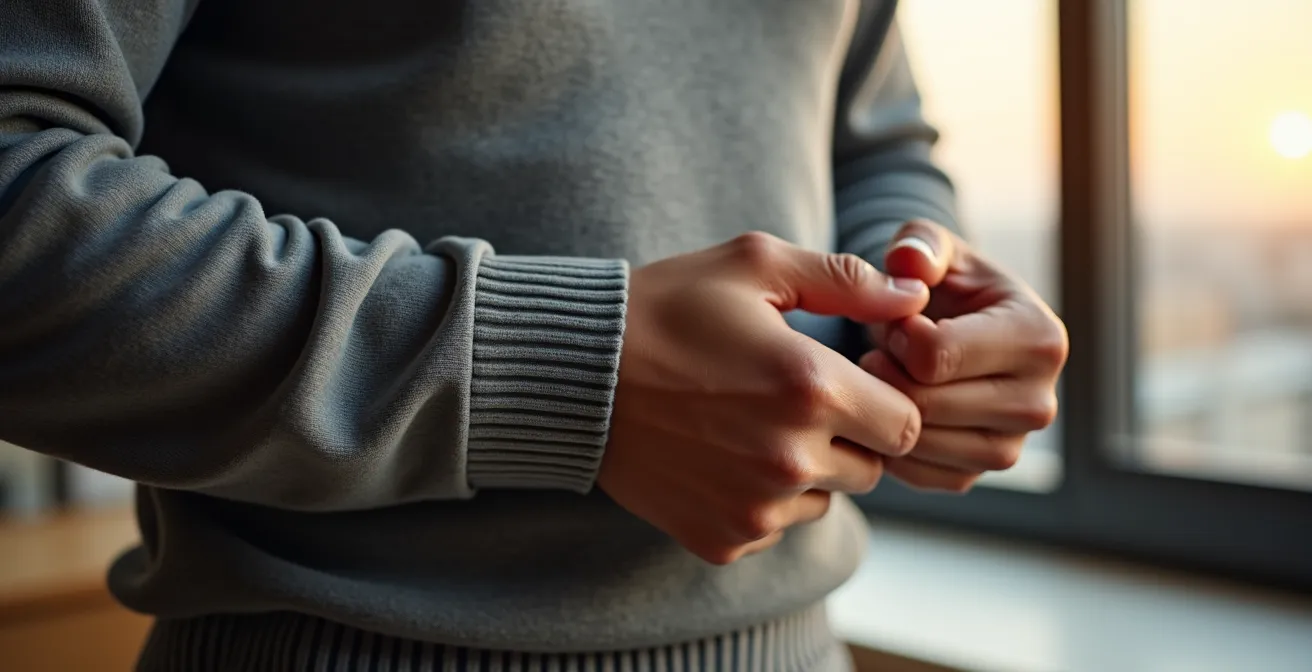 Detailaufnahme eines hochgekrempelten Hemdsärmels unter einem Pullover