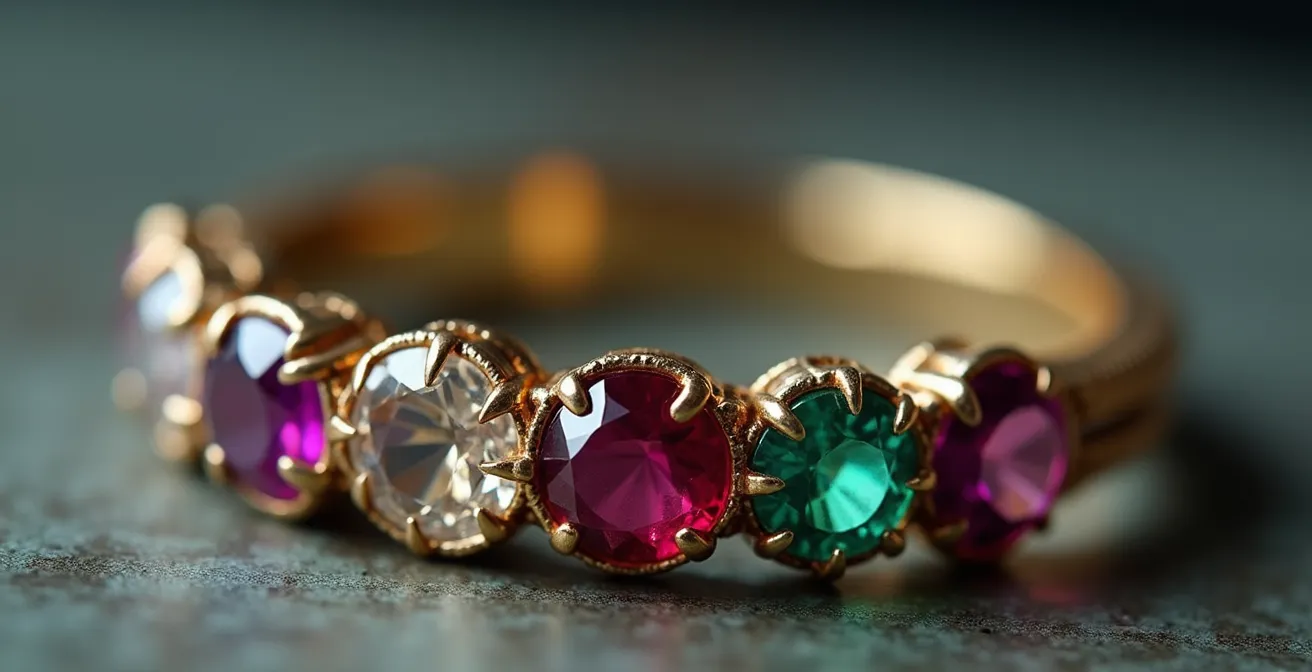 Detailaufnahme eines viktorianischen Akrostichon-Rings mit kunstvoll angeordneten Edelsteinen, deren Anfangsbuchstaben ein romantisches Wort bilden, in warmen Goldtönen.
