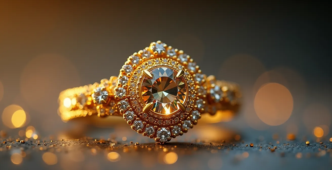 Detailaufnahme eines feinen Schmuckstücks mit Edelsteinen und glänzenden Edelmetallen, das zeitlose Eleganz und handwerkliche Meisterschaft ausstrahlt