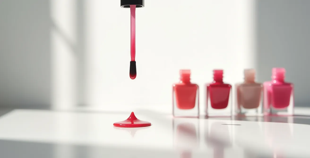 Test der Nagellack-Konsistenz mit Tropfenbildung vom Pinsel