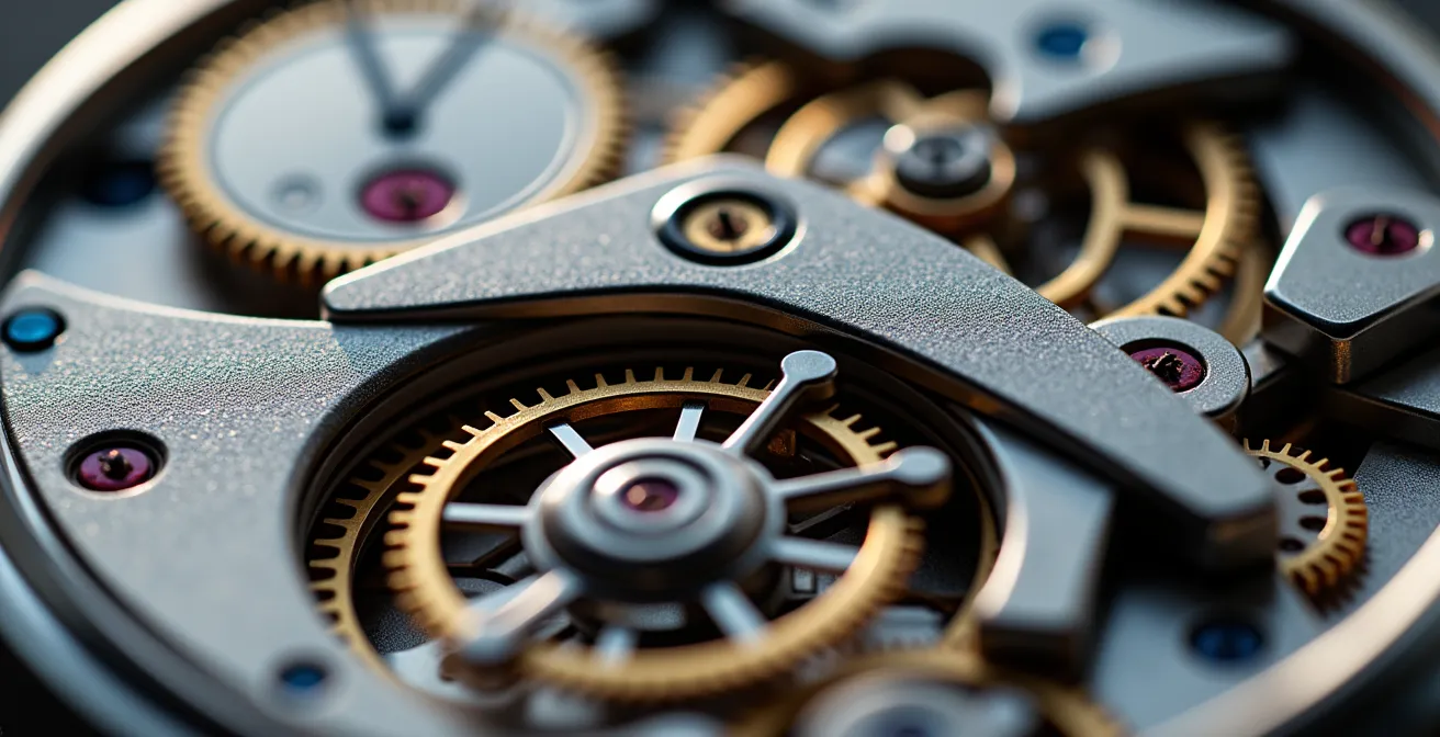 Makrofotografie eines Automatikuhrwerks mit sichtbarem Rotormechanismus und Spiralfedern, zeigt die präzise Zahnräder und die goldfarbigen Veredelungen unter detailliertem Licht