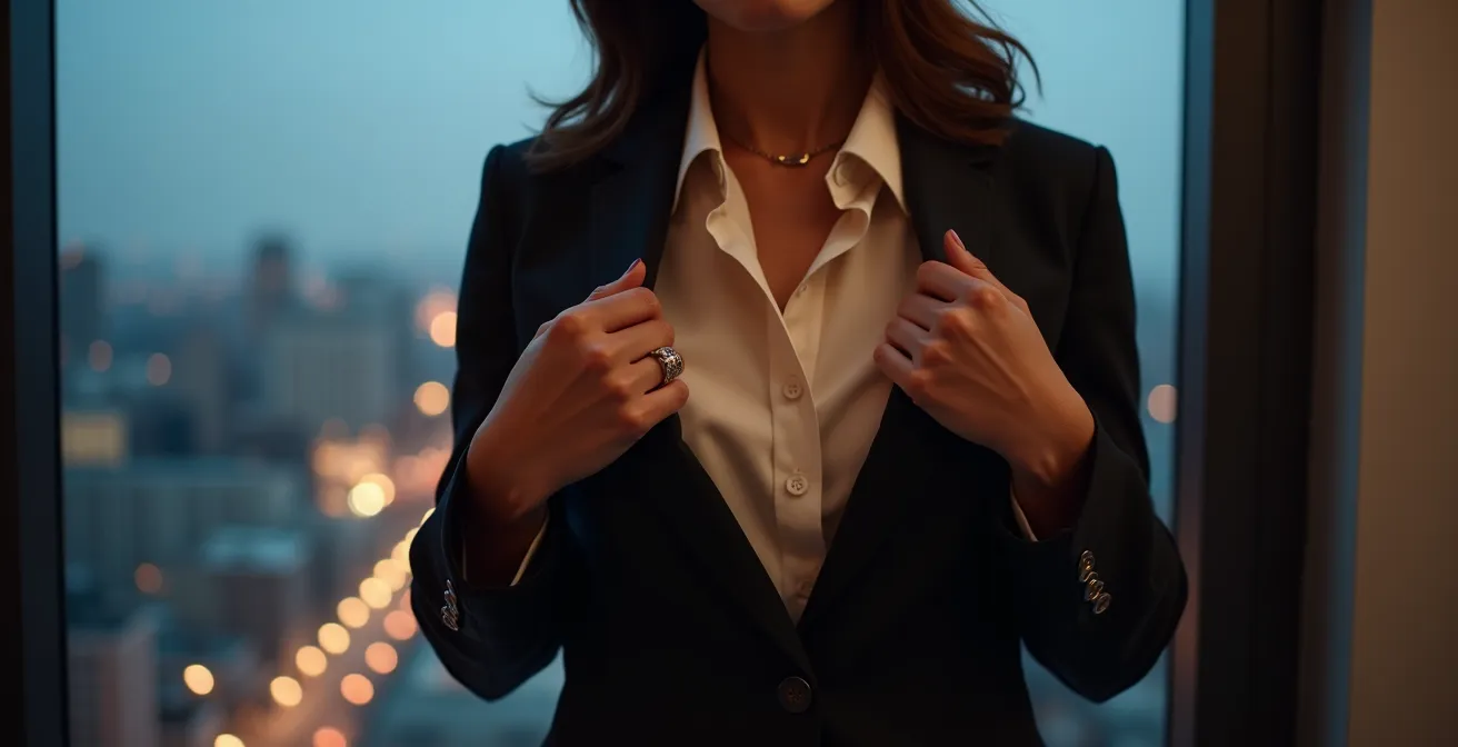 Professionelle Darstellung des Moments, wenn eine Geschäftsfrau ihren Blazer ablegt und die elegante Seidenbluse darunter enthüllt