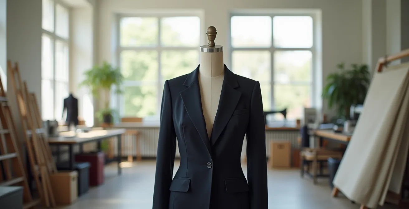 Seitenansicht eines taillierten Blazers auf einer Schneiderpuppe im Atelier