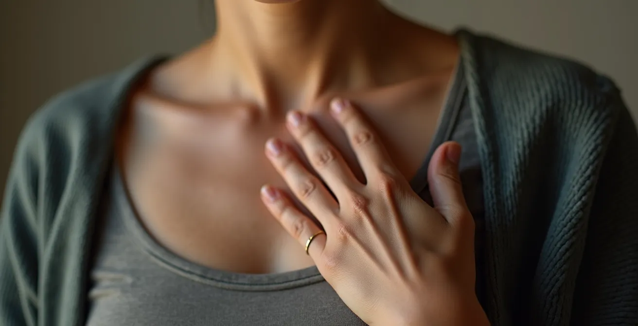 Nahaufnahme einer Person bei einer Body-Scan-Übung, die Hand auf der Brust, um die Körperwahrnehmung zu schulen.