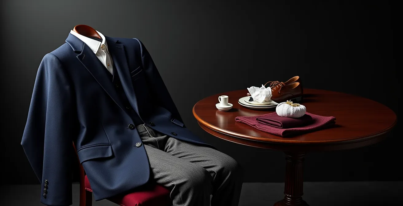 Ein eleganter Herren-Look für eine Abendveranstaltung, bestehend aus einem Navy-Sakko, einer anthrazitfarbenen Flanellhose und edlen Lederschuhen, stilvoll auf dunklem Hintergrund arrangiert.