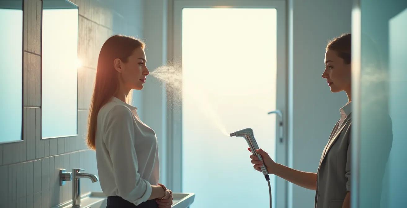 Dezente Make-up-Auffrischung im Büro während der Mittagspause