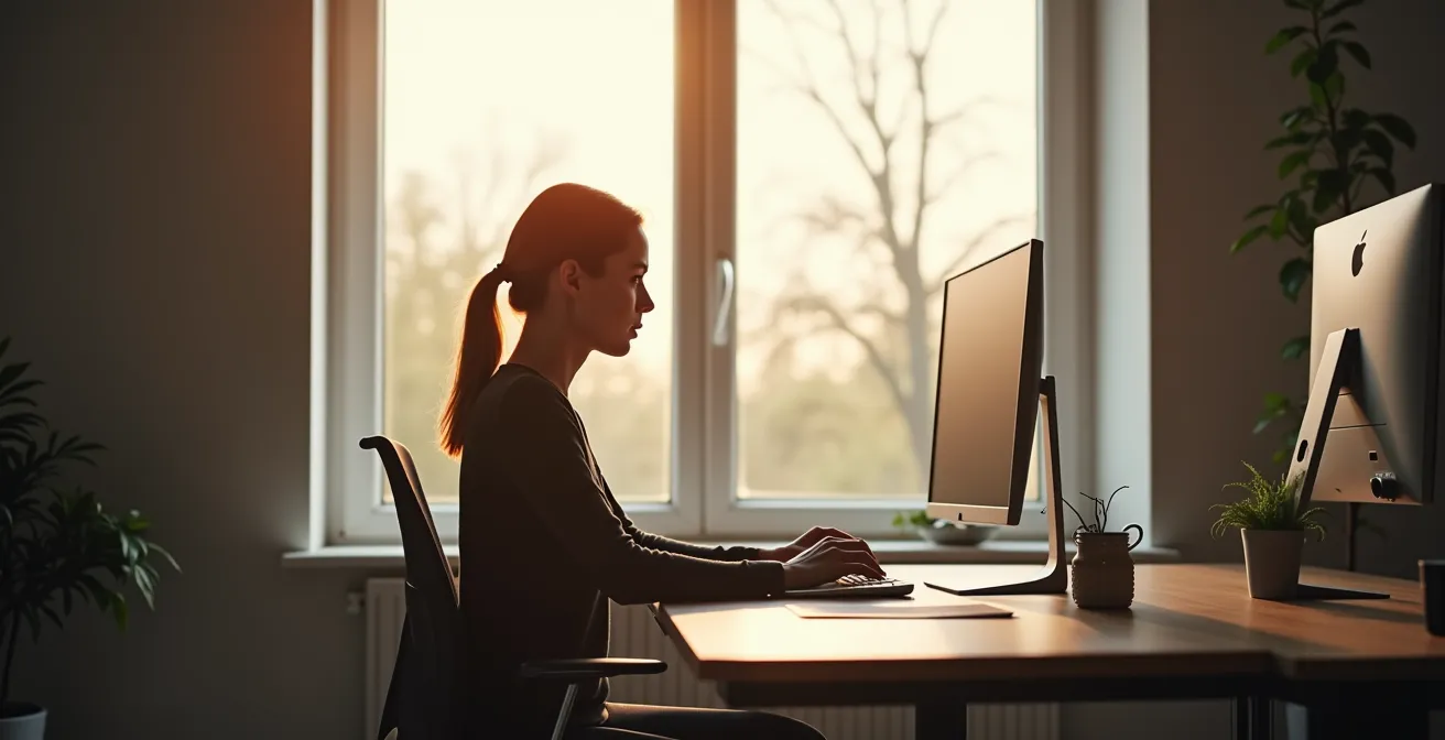 Silhouette einer Person in einem modernen deutschen Büro, die den Komfort einer Merinowoll-Basisschicht bei wechselndem Lichteinfall genießt.