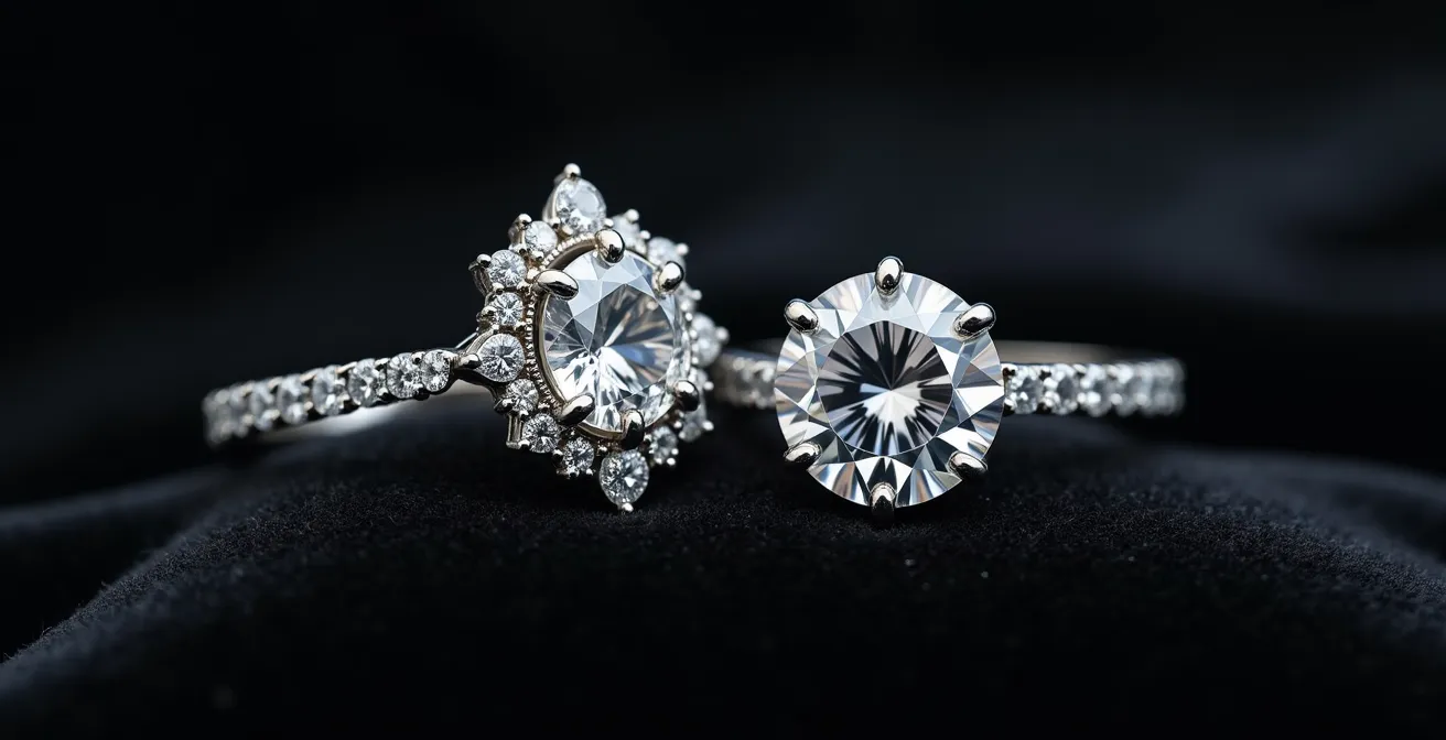 Zwei Diamantringe nebeneinander auf schwarzem Samtkissen, unterschiedliche Lichtreflexionen zeigend