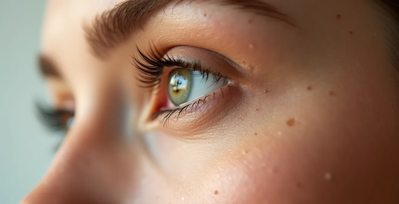 Nahaufnahme der professionellen Concealer-Anwendung in Dreiecksform unter dem Auge