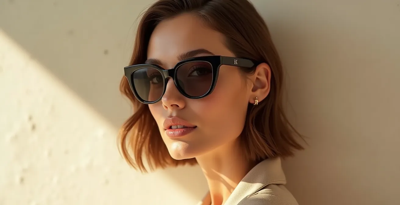 Eine elegante Person trägt eine hochwertige Designer-Sonnenbrille mit markanter Fassung, symbolisierend wie ein zeitloses Accessoire den persönlichen Stil vollendet.