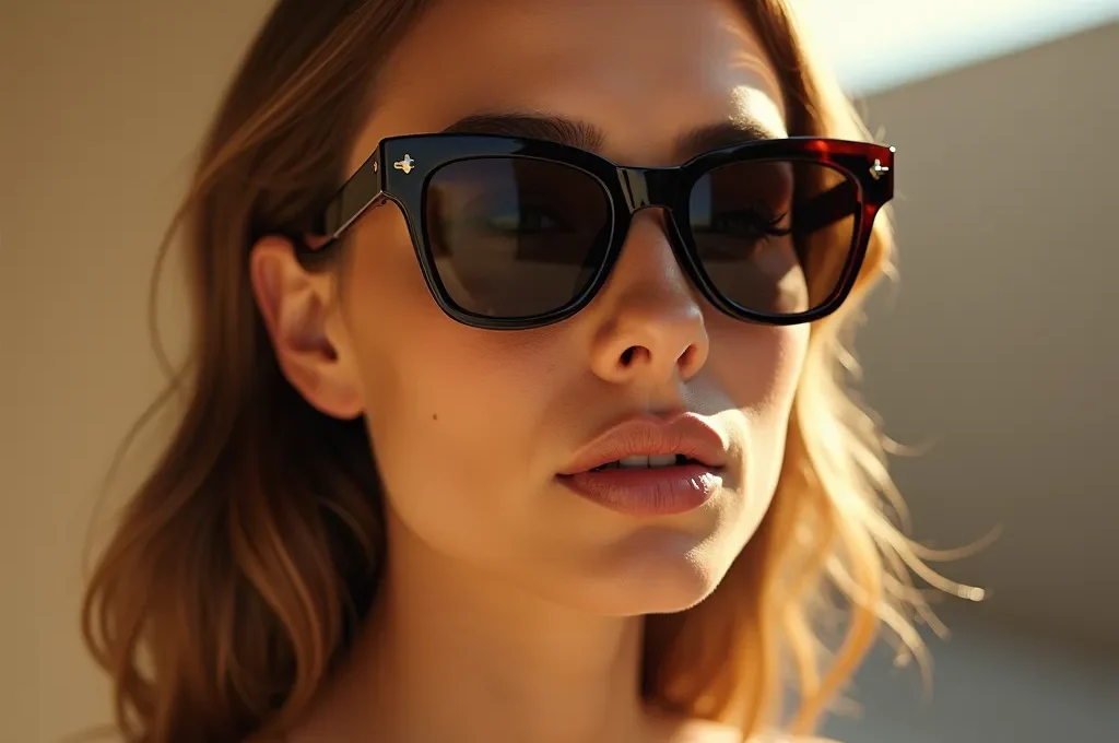 Eine elegant gekleidete Person trägt eine Designer-Sonnenbrille in einer minimalistischen urbanen Umgebung, die den Luxus und die Raffinesse eines ikonischen Accessoires vermittelt.