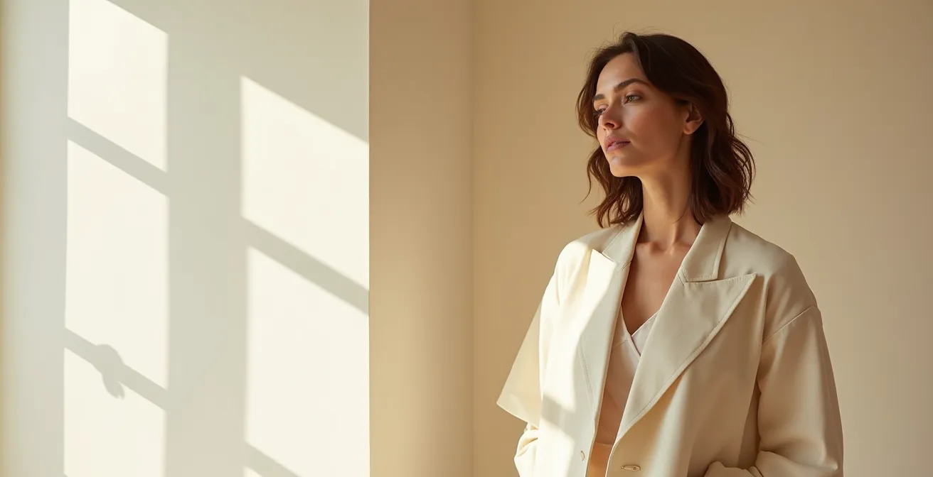 Eine elegante Frau in modernem minimalistischem Outfit zeigt Selbstvertrauen und stilvolle Präsenz durch ihre Körperhaltung und Ausstrahlung.