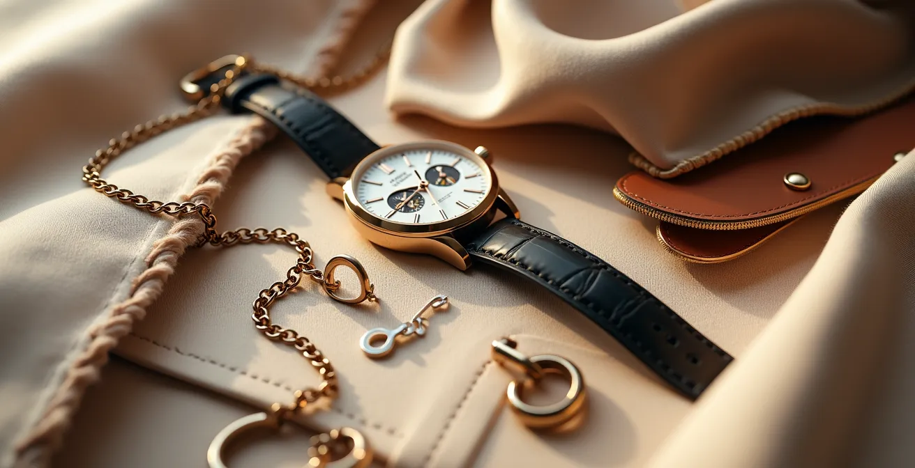 Editorial-Fotografie mit Nahaufnahmen von hochwertigen Accessoires: elegante Uhr, Seidentuch, Schmuck und andere Stilelemente in natürlicher Beleuchtung