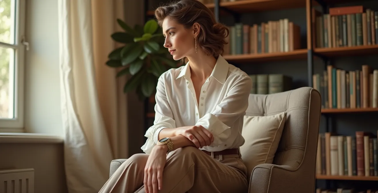 Stilvolles Outfit, das klassische und trendige Teile nahtlos verbindet, Editorial Fashion Fotografie