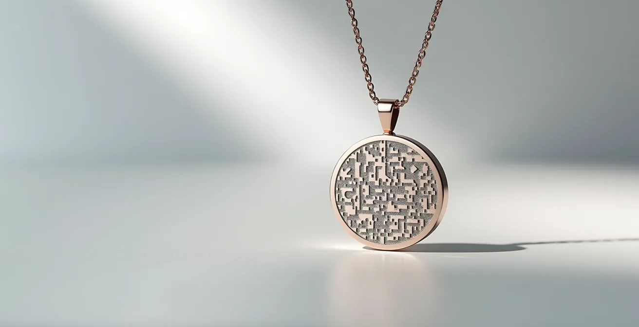 Ein modernes Schmuckstück mit fein graviertem QR-Code, der zu einer privaten digitalen Botschaft führt—symbolisiert die Verschmelzung von Tradition und Technologie.