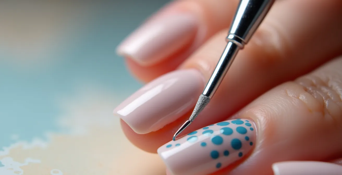 Makroaufnahme von Dotting-Tool beim Erstellen verschiedener Punktmuster auf Fingernägeln