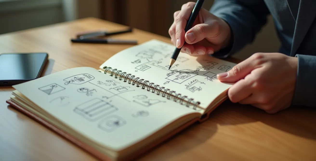 Nahaufnahme von Händen, die ein handgeschriebenes Notizbuch mit skizzierten Ideen halten