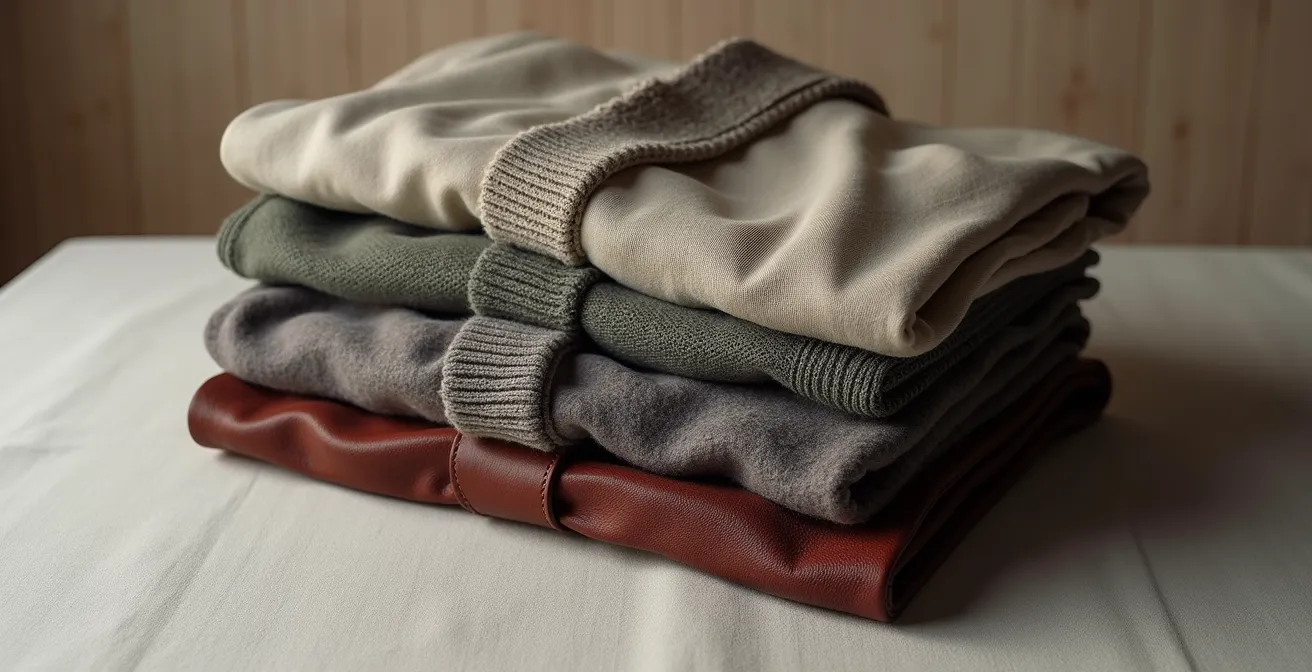 Drei aufeinander abgestimmte Kleidungsstücke in verschiedenen Texturen und Schichten arrangiert