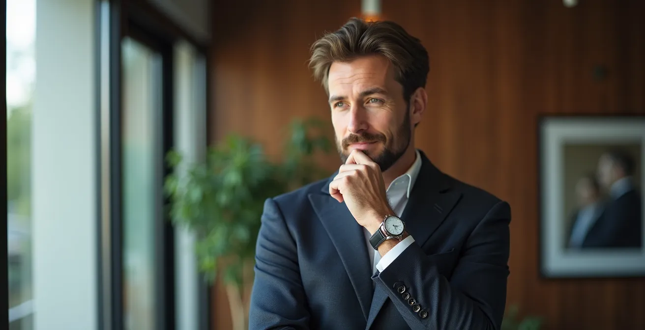 Eine Person in professioneller Kleidung, die durch eine besondere Uhr und einen hochwertigen Stoff subtile persönliche Stil-Akzente setzt.