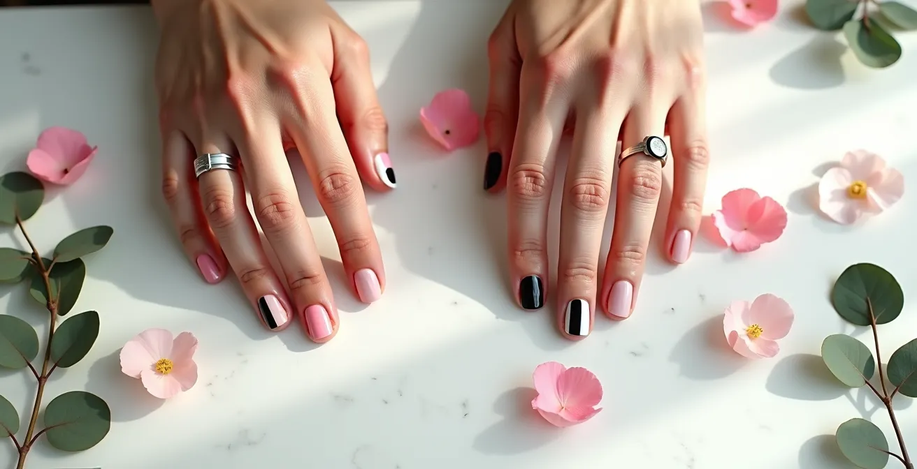 Minimalistische Nailart-Designs mit geometrischen Mustern und Punkten
