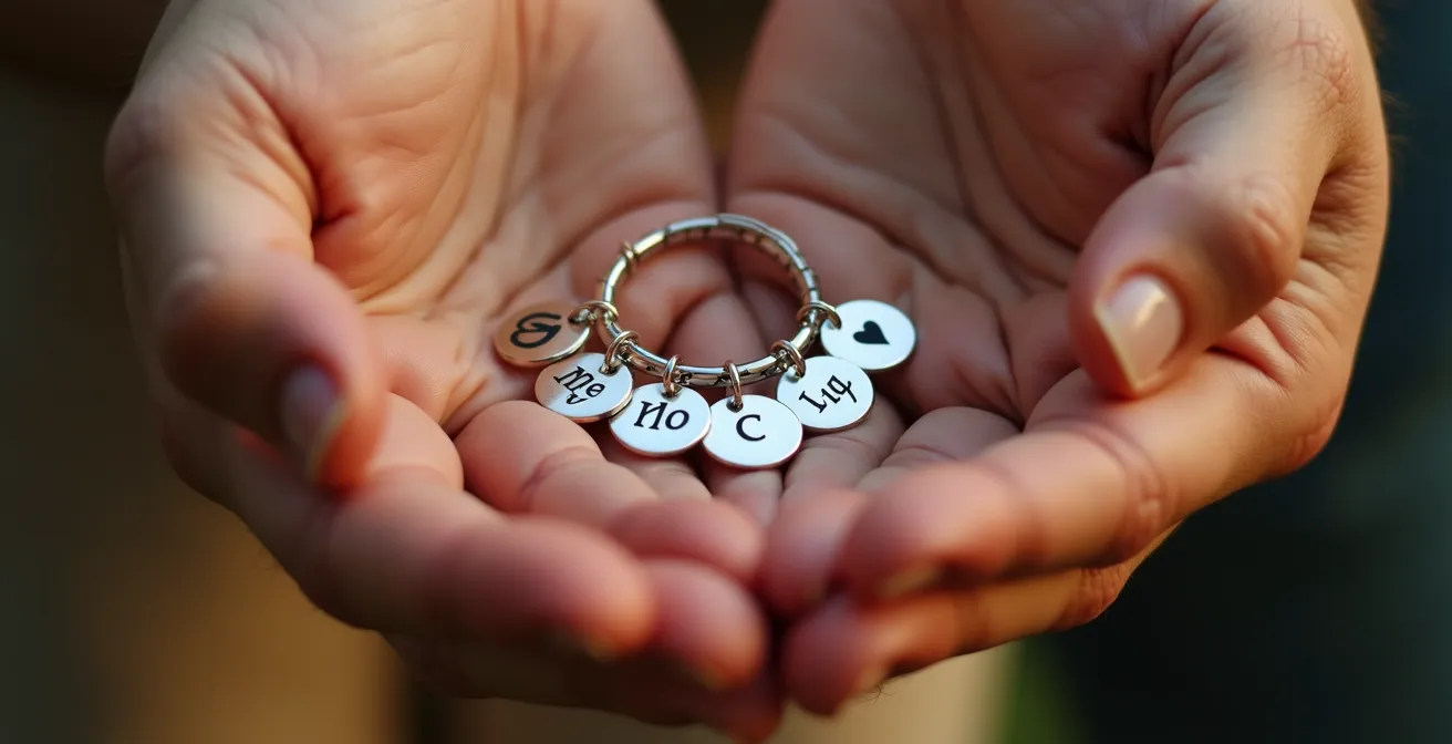 Ein kunstvoll gestaltetes Armband mit verschiedenen persönlichen Symbolen und Initialen—jedes Symbol repräsentiert ein Familienmitglied oder einen bedeutsamen Moment.