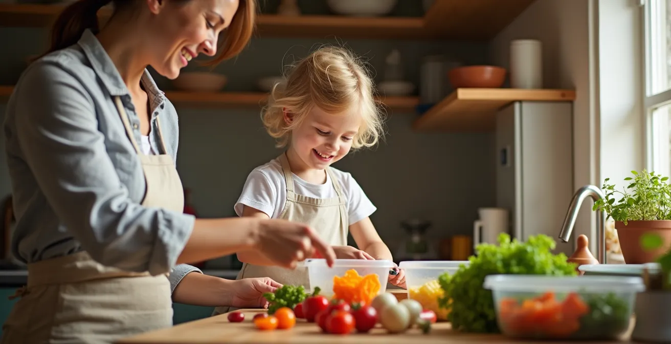 Familie beim gemeinsamen Kochen in gemütlicher deutscher Küche