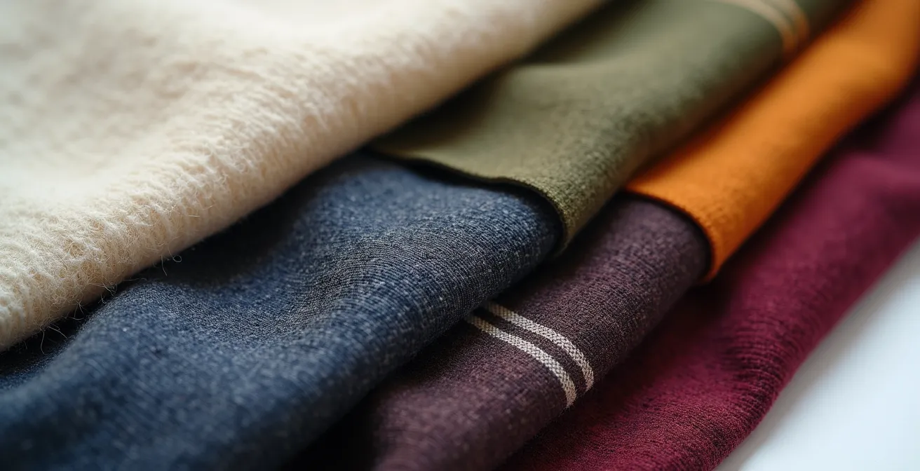 Harmonische Farbpalette für eine Capsule Wardrobe, die Stoffe in verschiedenen Texturen und Farben wie Creme, Oliv, Navy und Burgund zeigt.