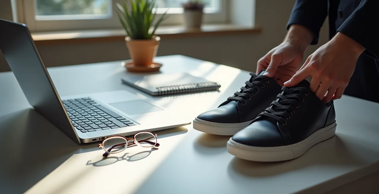 Symbolischer Übergang vom Arbeits- zum Freizeitmodus im Home-Office, bei dem Arbeitsschuhe gegen Freizeitschuhe getauscht werden.