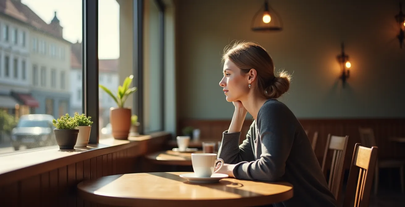 Eine Person sitzt in einem ruhigen, minimalistischen Café und genießt achtsam eine Tasse Kaffee als Symbol für ein bewusstes Feierabend-Ritual.