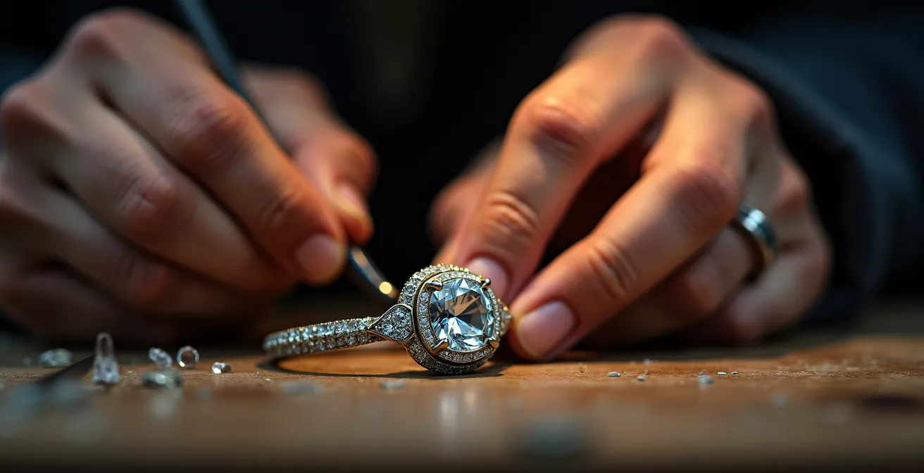 Nahaufnahme einer kunstvoll verarbeiteten Schmuckgalerie mit feinen Metallstrukturen, die die verborgene Architektur unter Edelsteinen zeigt