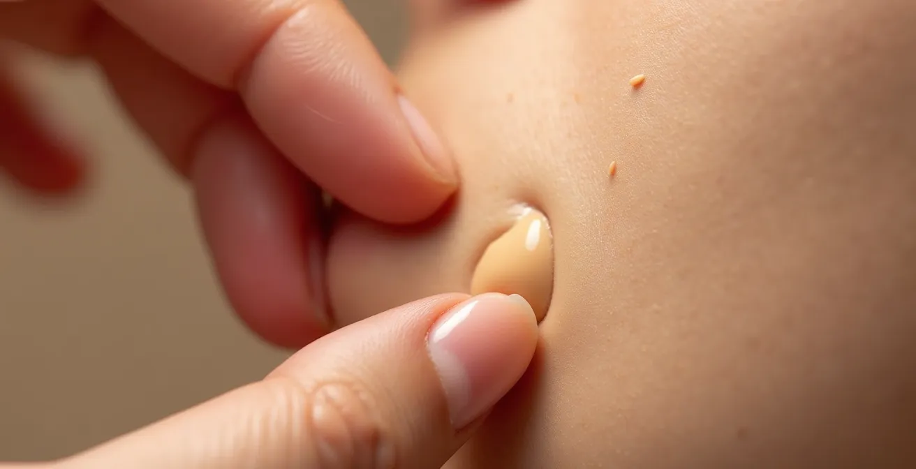 Nahaufnahme einer Hand die Foundation mit Fingerspitzen sanft auf Haut aufträgt