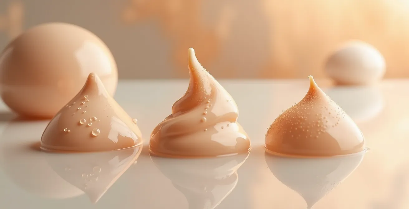 Makroaufnahme verschiedener Foundation-Texturen auf Glasplatte