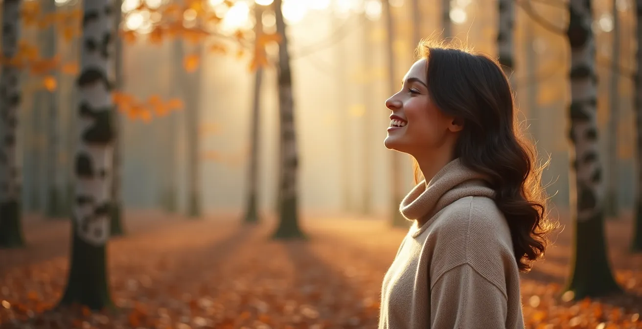 Frau mit natürlich geröteten Wangen nach einem Herbstspaziergang in einem deutschen Wald.