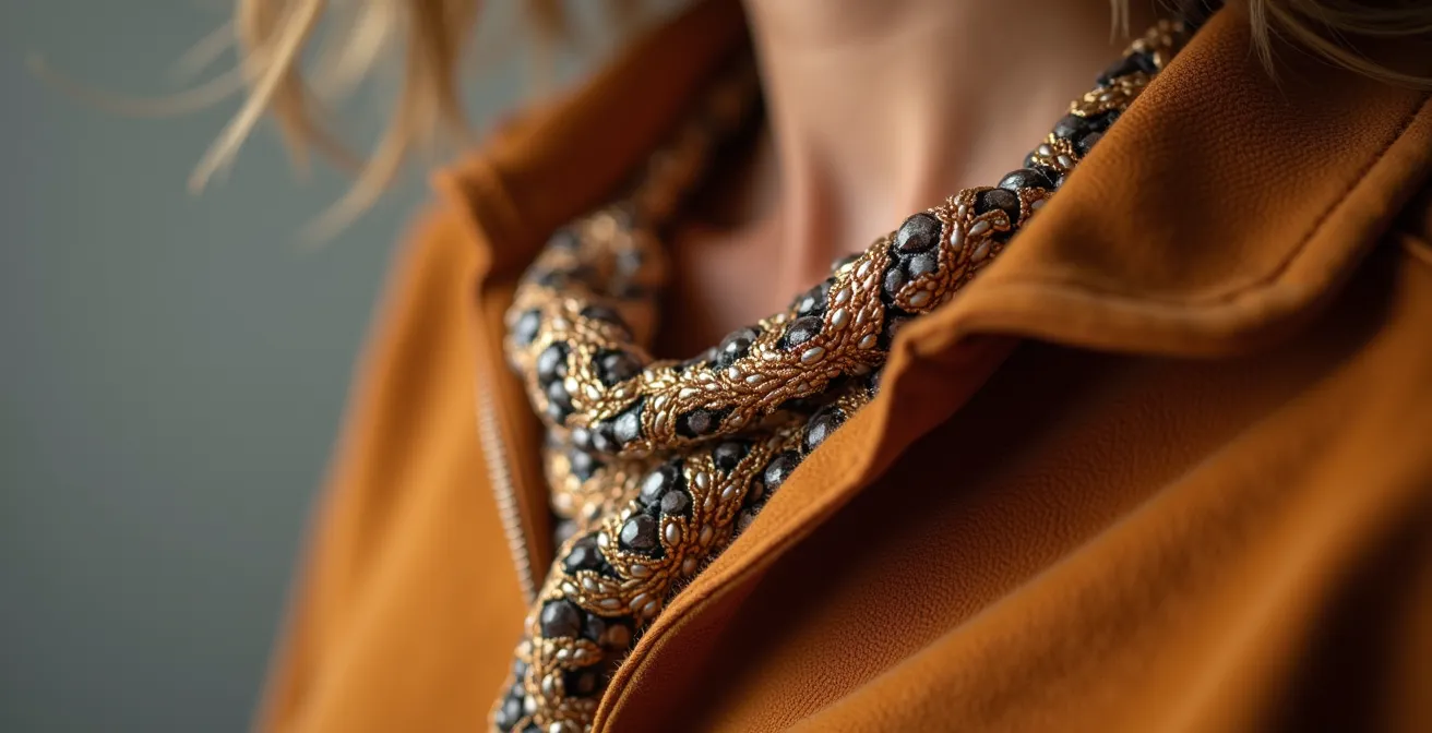 Nahaufnahme von stilvollen Details und persönlichen Accessoires wie einer Uhr und einem strukturierten Stoff