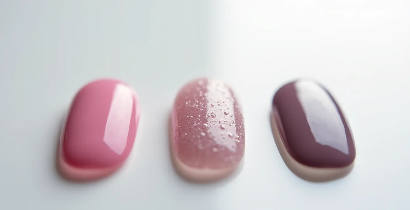 Visueller Vergleich von Gel, Shellac und klassischem Lack auf Nagelproben, der die unterschiedliche Dicke und das Finish zeigt.