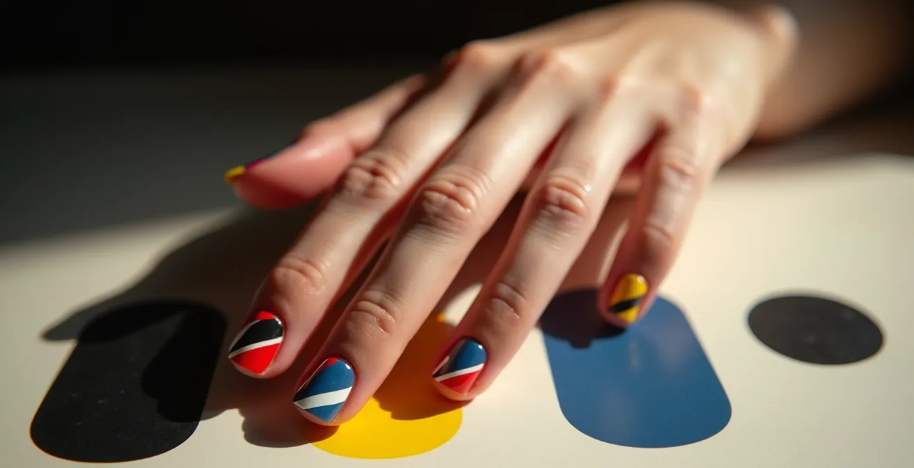 Fingernägel mit geometrischen Mustern und Klebebandstreifen im Bauhaus-Stil