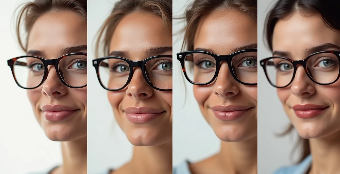 Schematische Darstellung von vier Gesichtsformen mit entsprechenden komplementären Brillenmodellen, die die visuelle Psychologie der Gesichtsharmonie zeigt.