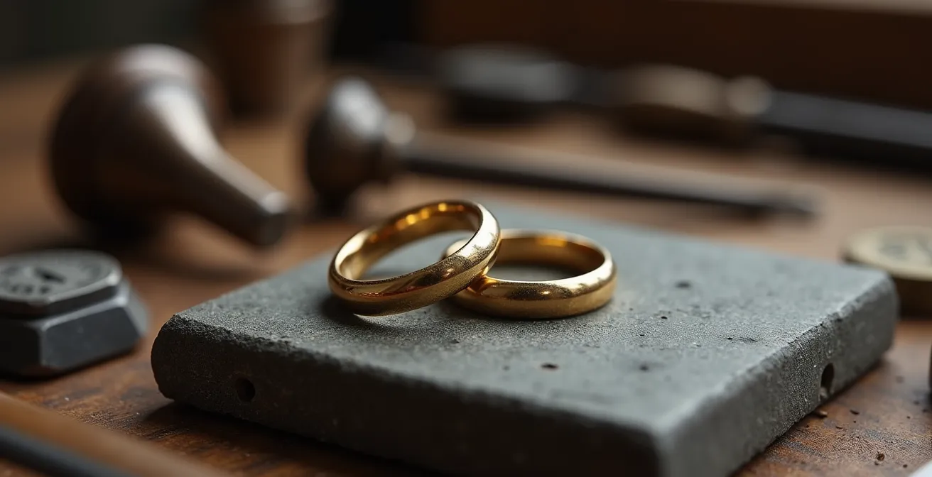 Zwei verschlungene Goldringe auf antikem Gravurstein mit unscharfen Werkzeugen im Hintergrund