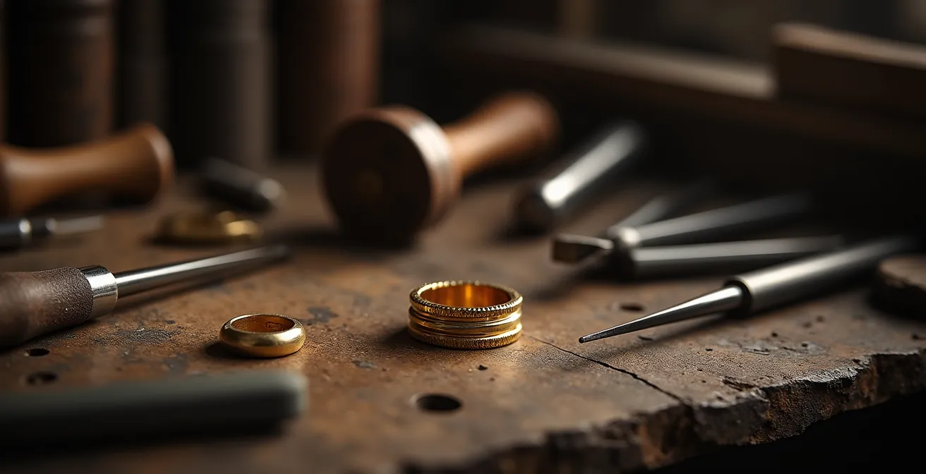 Traditionelle deutsche Goldschmiedewerkstatt mit Meister bei der Arbeit