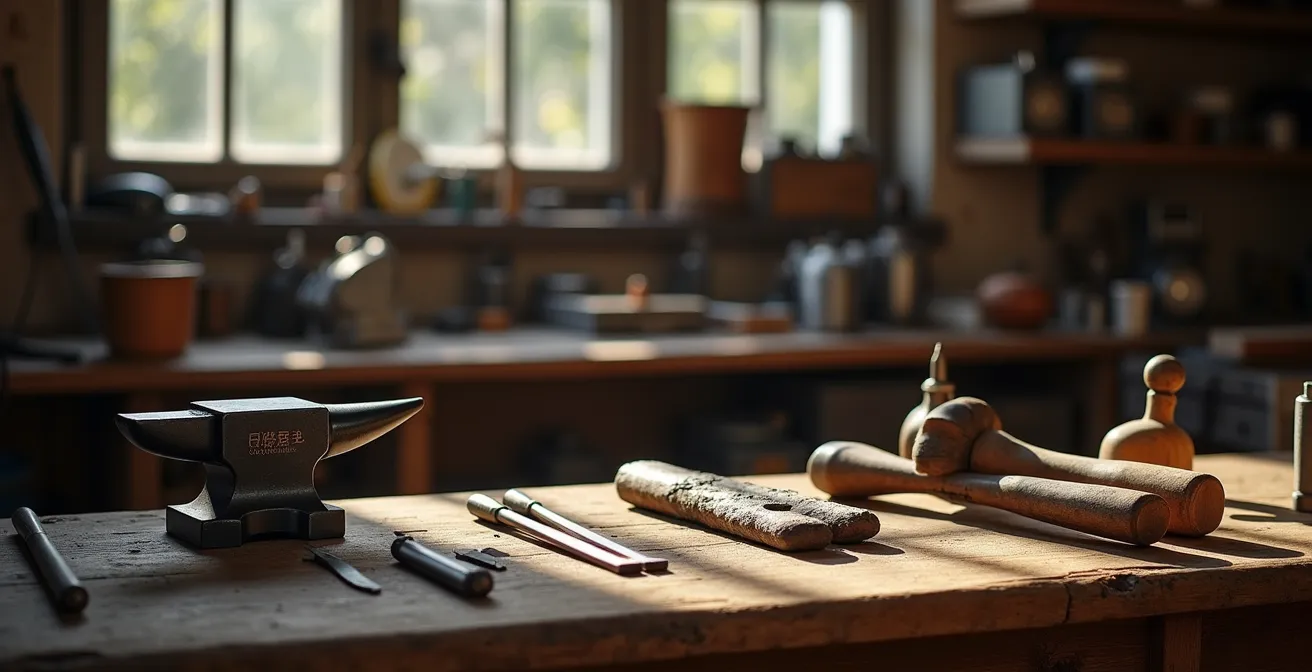 Traditionelle Goldschmiedewerkzeuge in deutscher Meisterwerkstatt