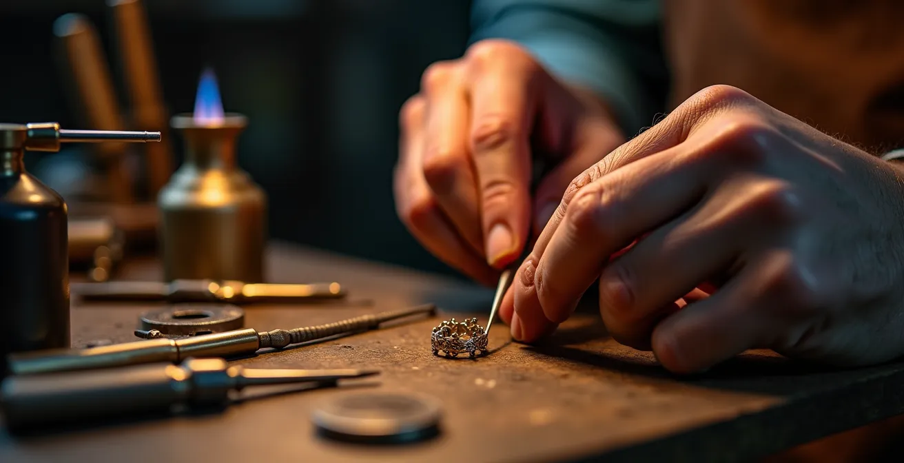 Nahaufnahme einer kunstvollen Goldschmiedearbeit: Werkzeuge und halbvollendetes Schmuckstück in einer Handwerkswerkstatt