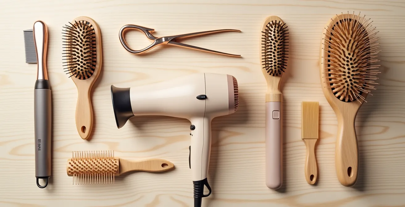 Professionelle Haarbürsten und Styling-Tools auf hellem Hintergrund arrangiert