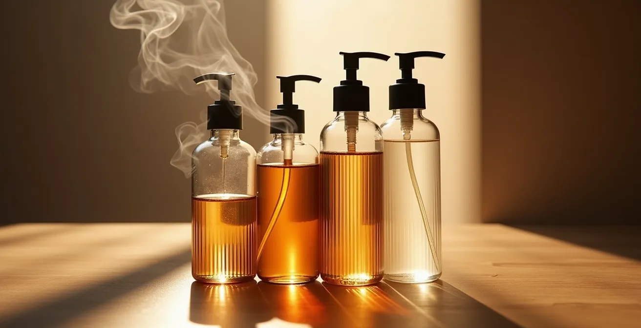 Vier essentielle Haarpflegeprodukte in synergischer Anordnung