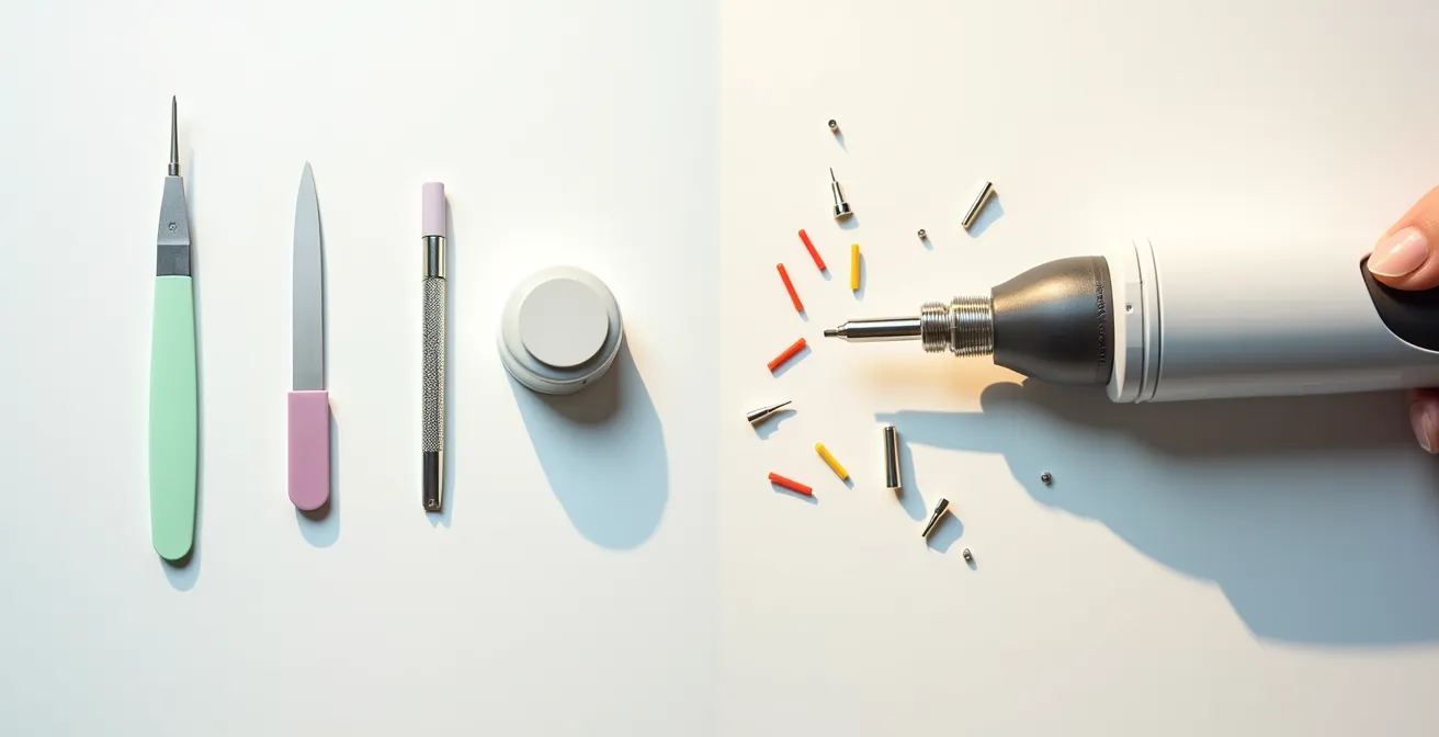 Vergleich zwischen sicherer Handfeile und riskantem elektrischen Nagelfräser für Heimanwendung