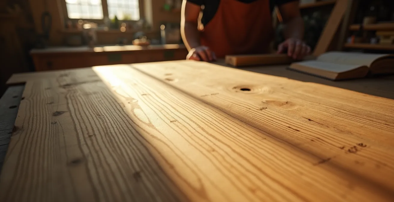 Makroaufnahme einer handgehobelteten Holzoberfläche mit feiner Textur, Lichtspielen und charakteristischen Hobelmalen, die die menschliche Handschrift zeigen.