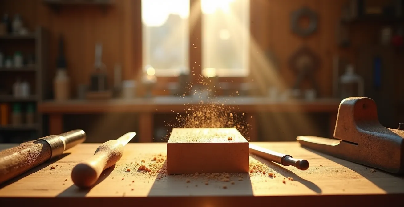 Werkbank mit Handwerkswerkzeugen und einem unfertigen Holzstück in warmer Werkstattatmosphäre